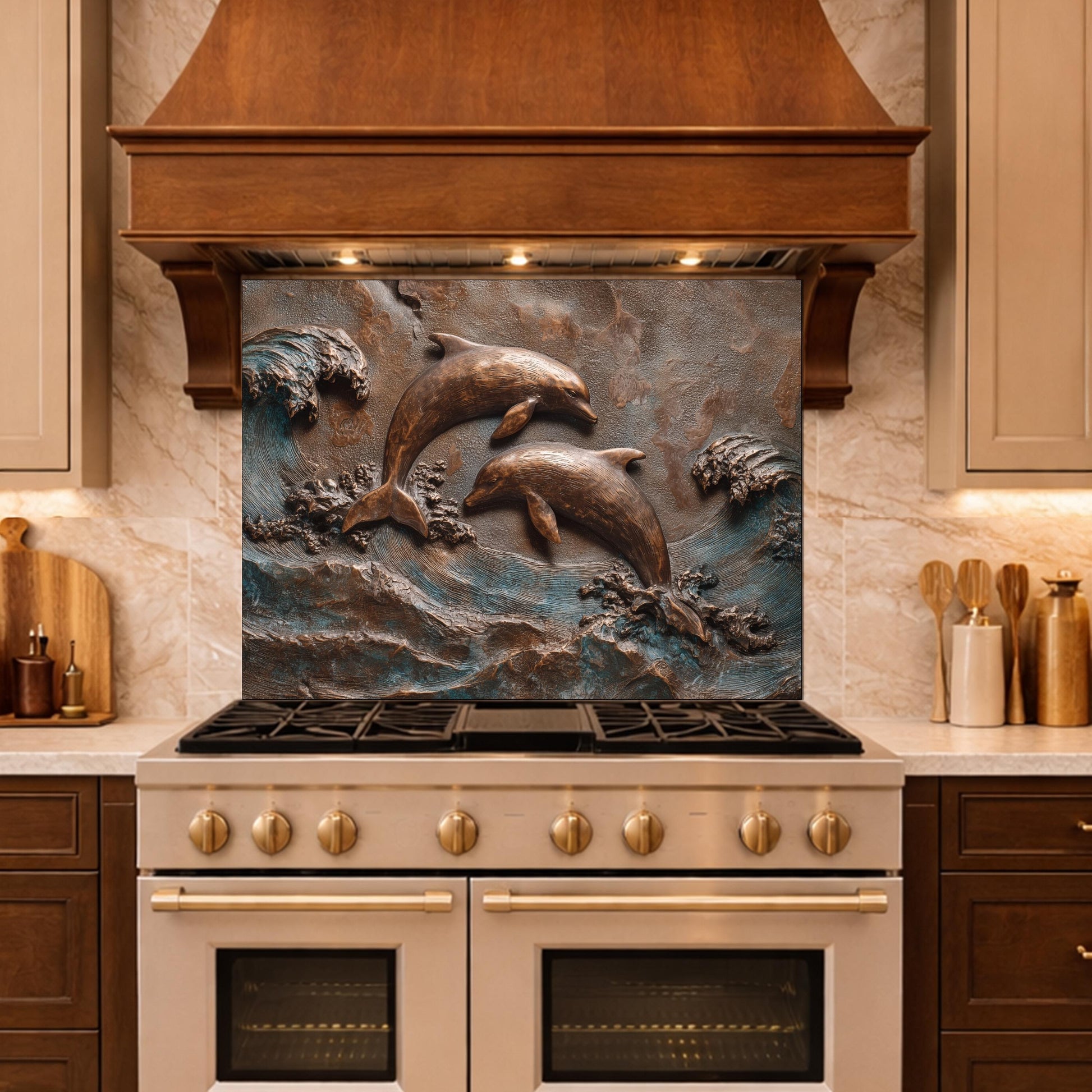 Dolphin Tempered Glass Backsplash, Coastal Ocean Wave Kitchen Panel, Bronze Marine Wall Art Decor