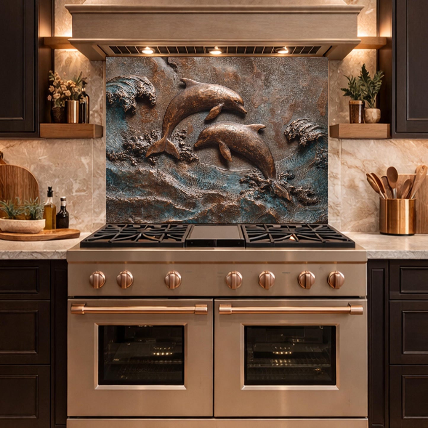 Dolphin Tempered Glass Backsplash, Coastal Ocean Wave Kitchen Panel, Bronze Marine Wall Art Decor
