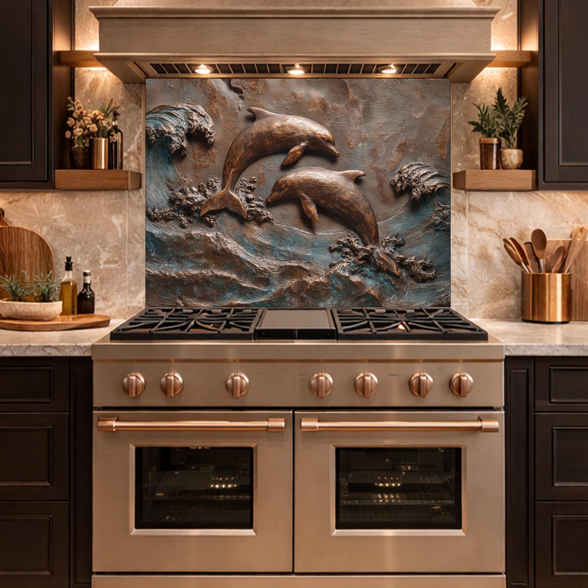 Dolphin Tempered Glass Backsplash, Coastal Ocean Wave Kitchen Panel, Bronze Marine Wall Art Decor