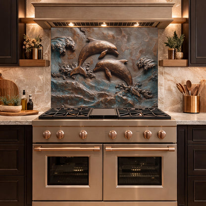 Dolphin Tempered Glass Backsplash, Coastal Ocean Wave Kitchen Panel, Bronze Marine Wall Art Decor