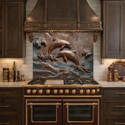 Dolphin Tempered Glass Backsplash, Coastal Ocean Wave Kitchen Panel, Bronze Marine Wall Art Decor