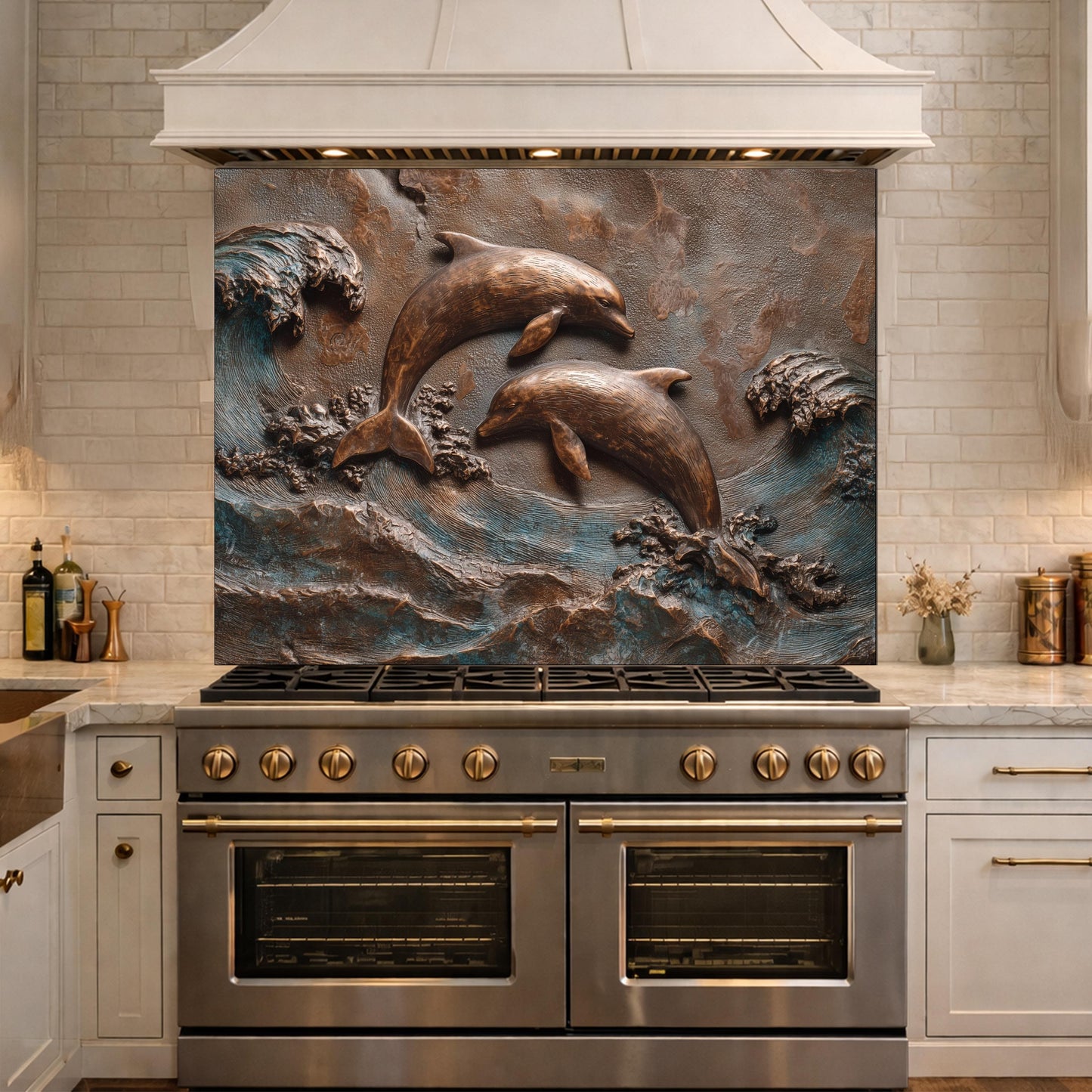 Dolphin Tempered Glass Backsplash, Coastal Ocean Wave Kitchen Panel, Bronze Marine Wall Art Decor