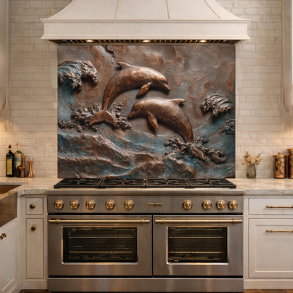 Dolphin Tempered Glass Backsplash, Coastal Ocean Wave Kitchen Panel, Bronze Marine Wall Art Decor
