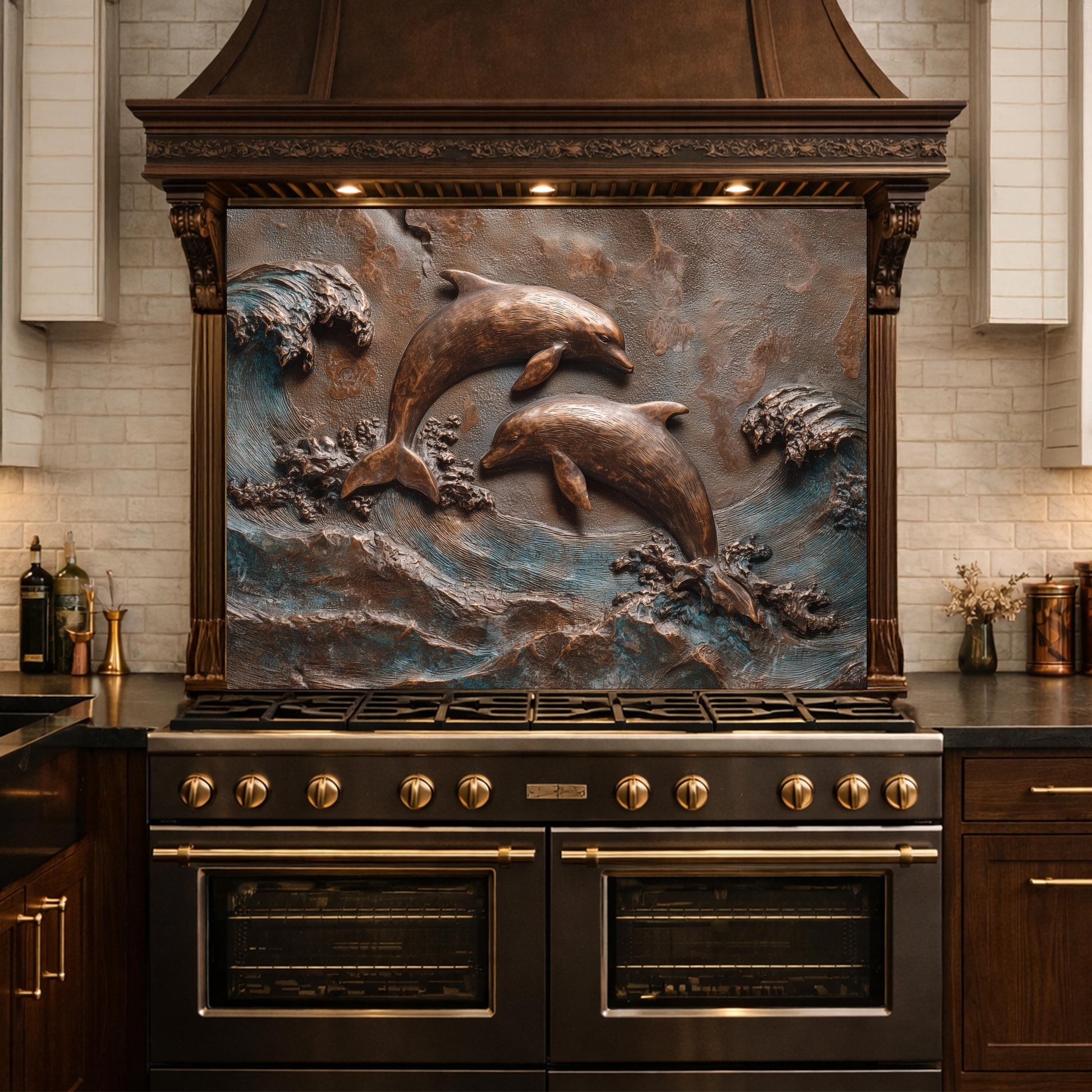 Dolphin Tempered Glass Backsplash, Coastal Ocean Wave Kitchen Panel, Bronze Marine Wall Art Decor