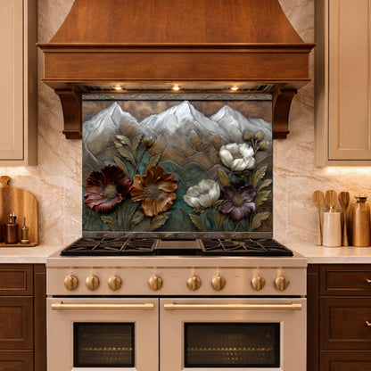 Alpine Blossom Tempered Glass Backsplash, Copper Look Mountain and Flower Wall Panel, Custom Size