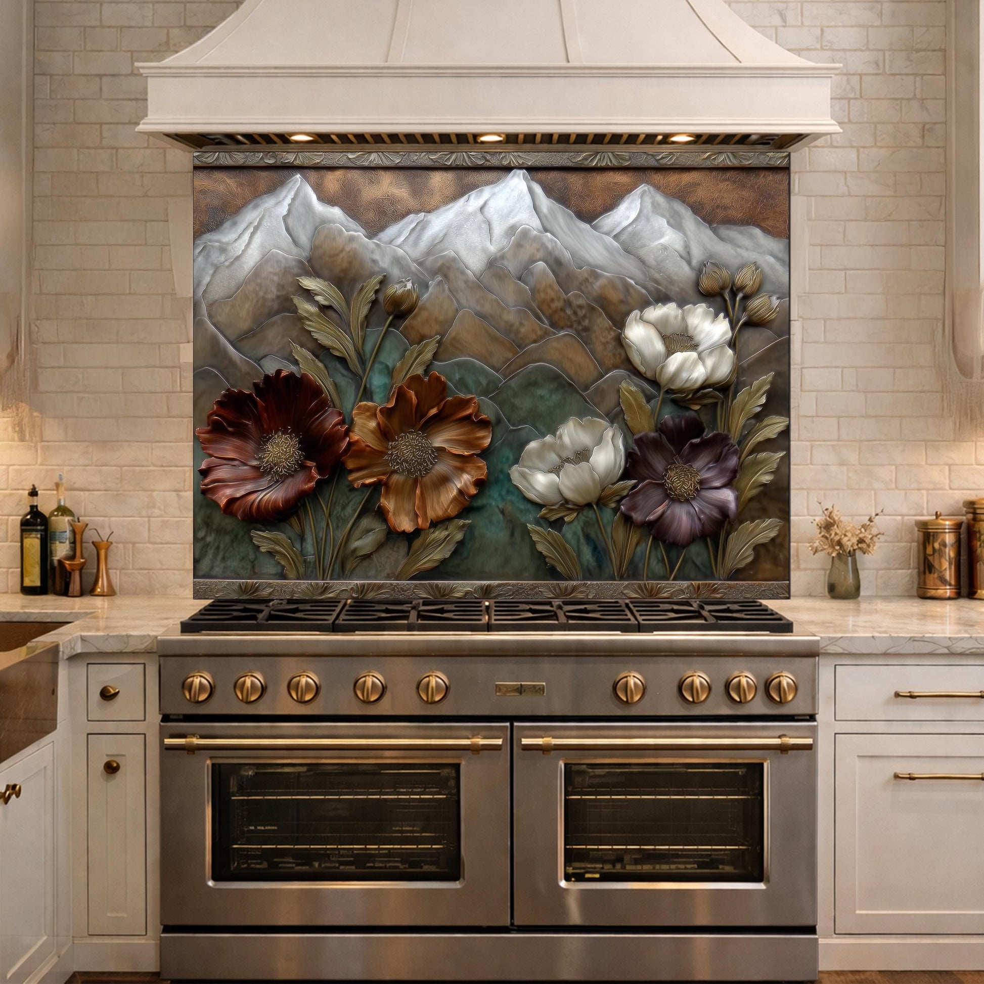 Alpine Blossom Tempered Glass Backsplash, Copper Look Mountain and Flower Wall Panel, Custom Size