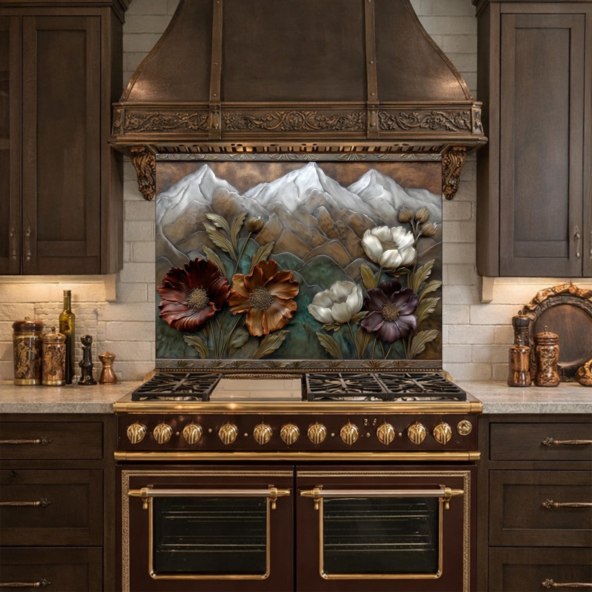 Alpine Blossom Tempered Glass Backsplash, Copper Look Mountain and Flower Wall Panel, Custom Size