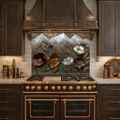 Alpine Blossom Tempered Glass Backsplash, Copper Look Mountain and Flower Wall Panel, Custom Size