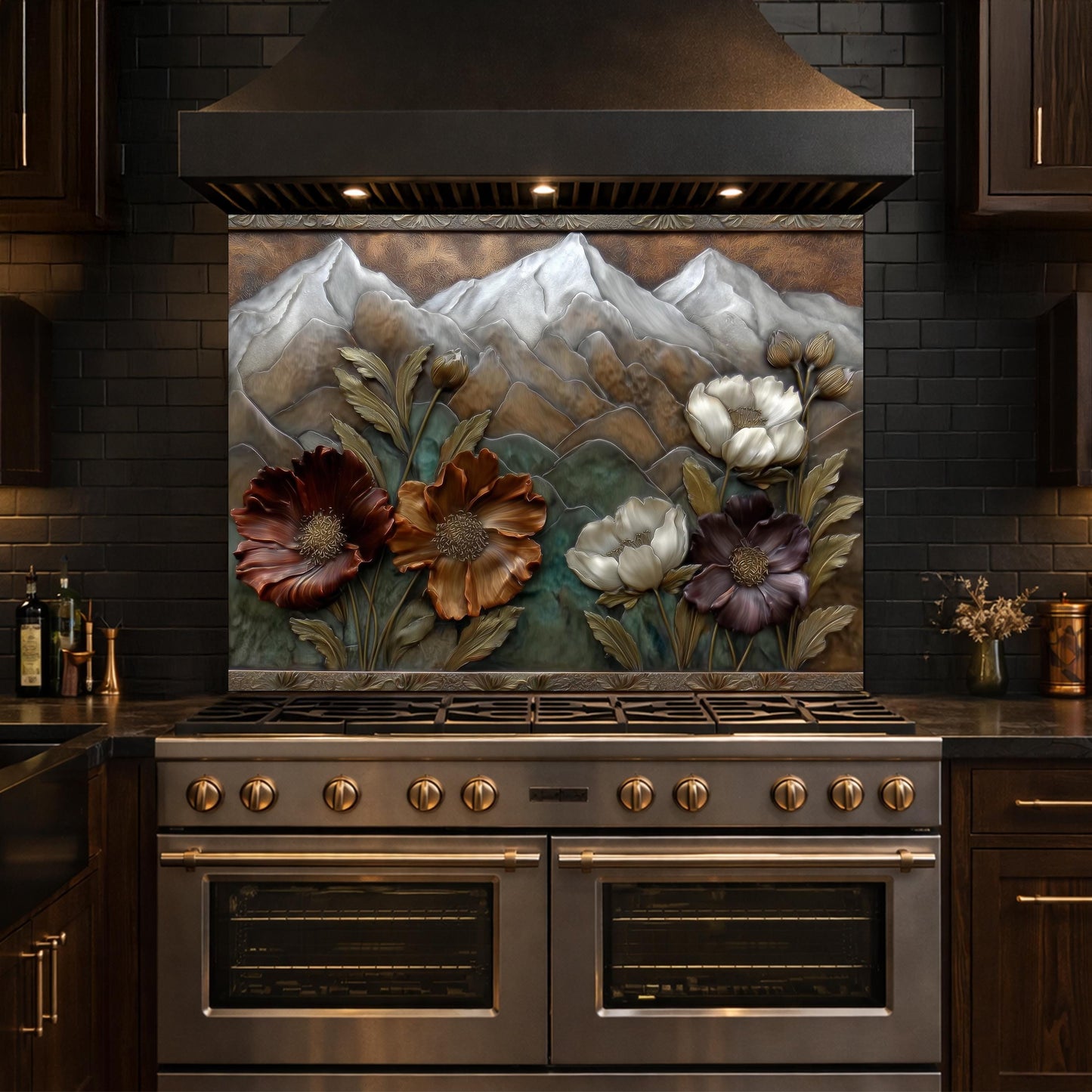 Alpine Blossom Tempered Glass Backsplash, Copper Look Mountain and Flower Wall Panel, Custom Size