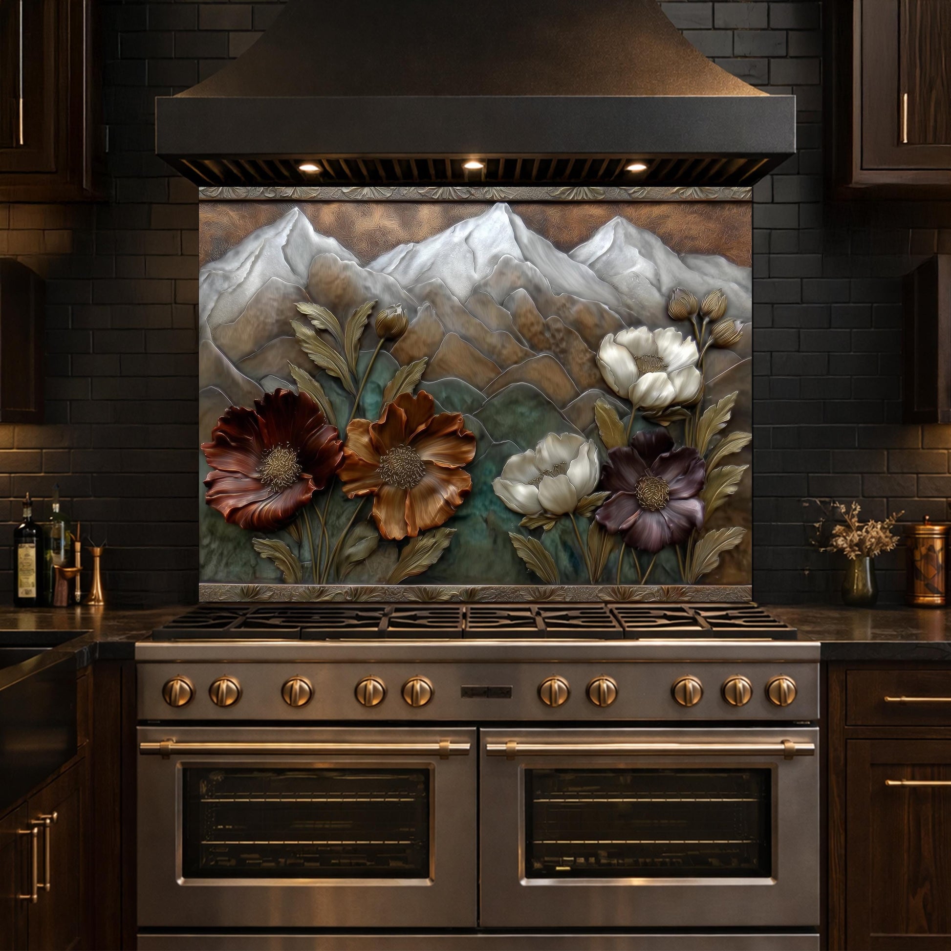 Alpine Blossom Tempered Glass Backsplash, Copper Look Mountain and Flower Wall Panel, Custom Size