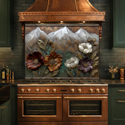 Alpine Blossom Tempered Glass Backsplash, Copper Look Mountain and Flower Wall Panel, Custom Size