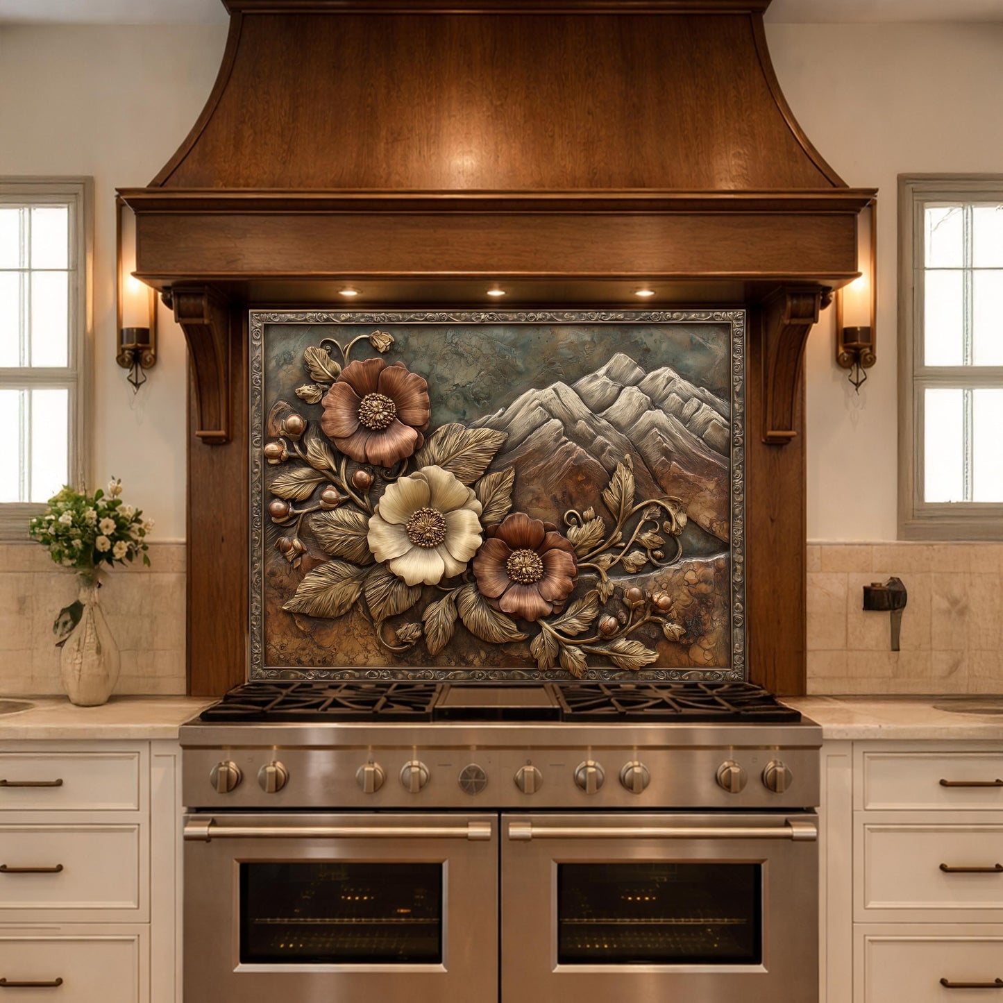 Alpine Peak Blossoms Backsplash, Copper Look Mountain and Flower Wall Panel, Custom Size