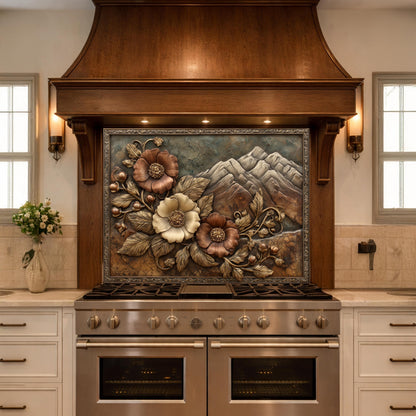 Alpine Peak Blossoms Backsplash, Copper Look Mountain and Flower Wall Panel, Custom Size