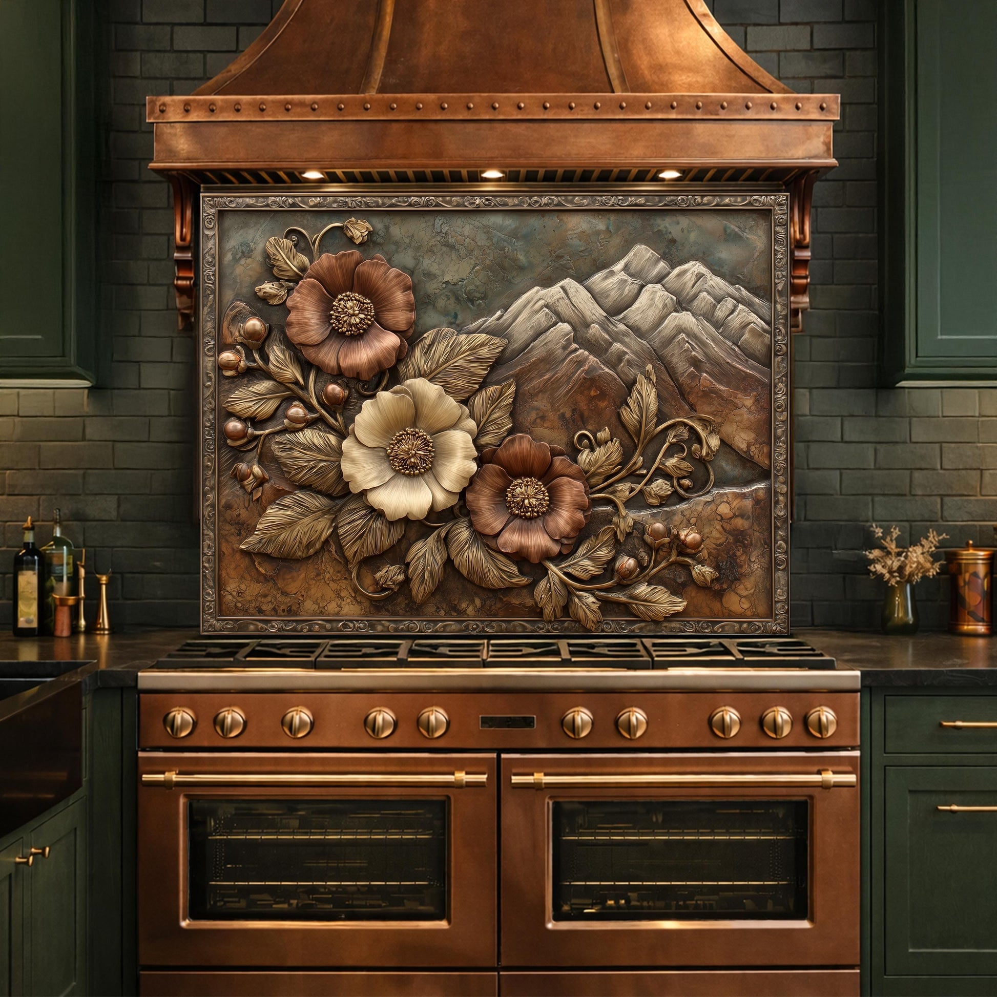 Alpine Peak Blossoms Backsplash, Copper Look Mountain and Flower Wall Panel, Custom Size