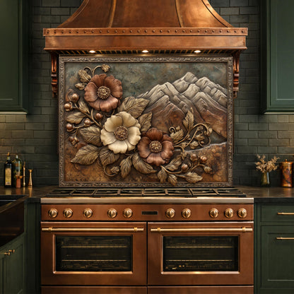 Alpine Peak Blossoms Backsplash, Copper Look Mountain and Flower Wall Panel, Custom Size