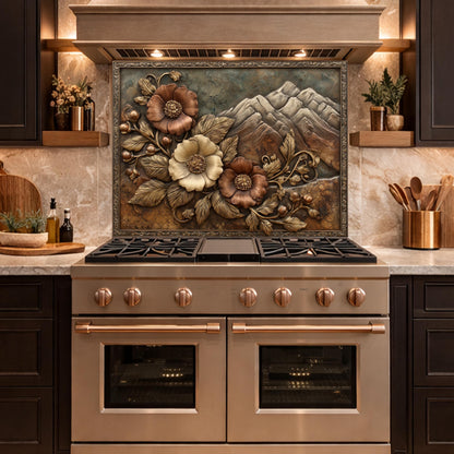 Alpine Peak Blossoms Backsplash, Copper Look Mountain and Flower Wall Panel, Custom Size