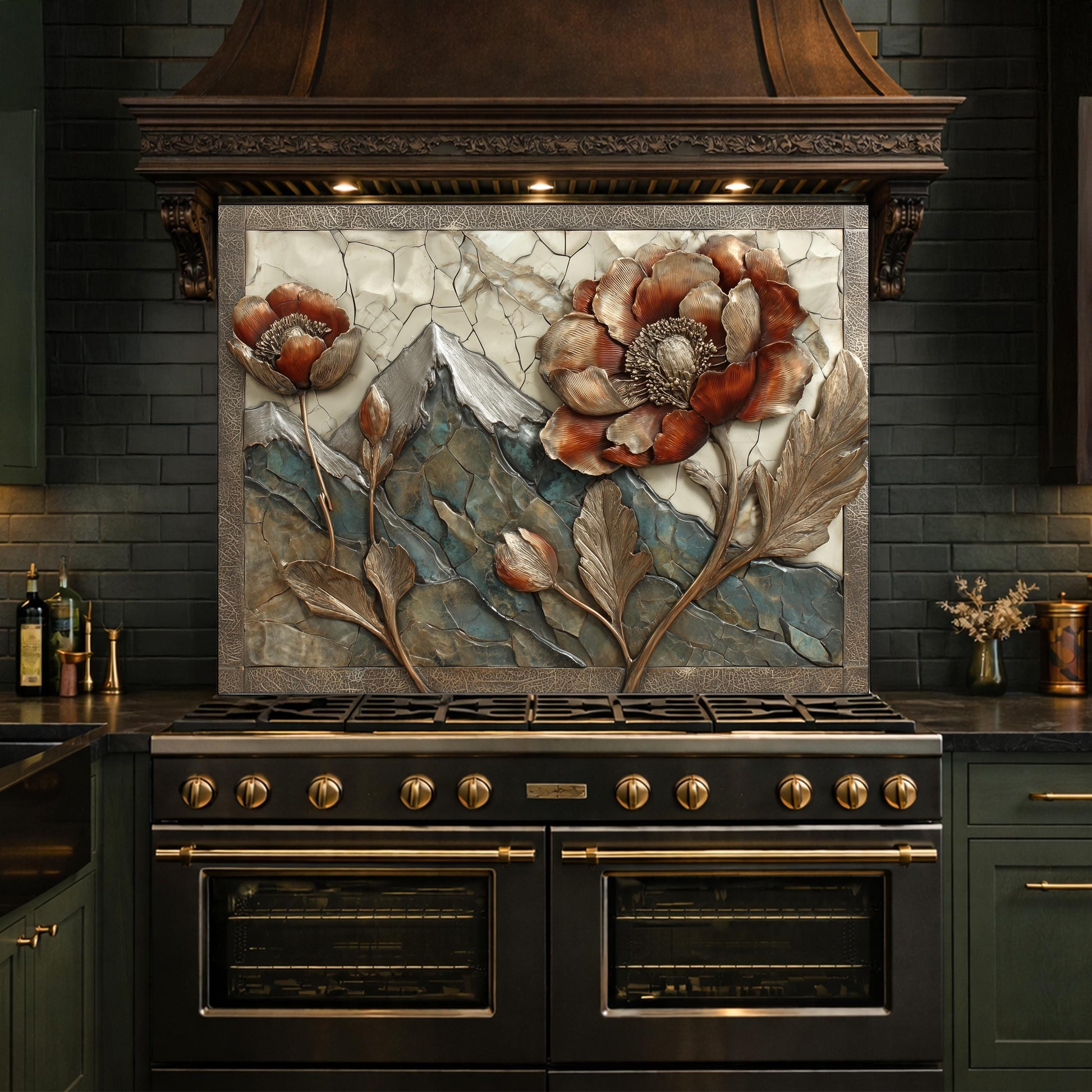 Alpine Peak Blossoms Backsplash, Copper Look Mountain and Flower Wall Panel, Custom Size