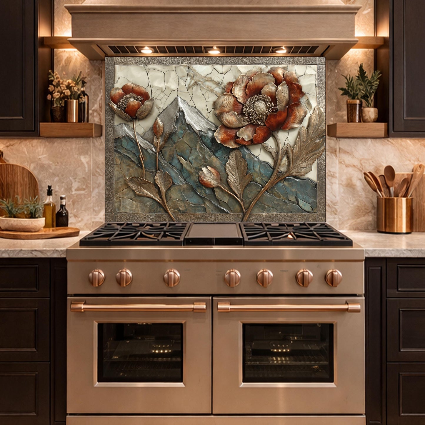 Alpine Peak Blossoms Backsplash, Copper Look Mountain and Flower Wall Panel, Custom Size