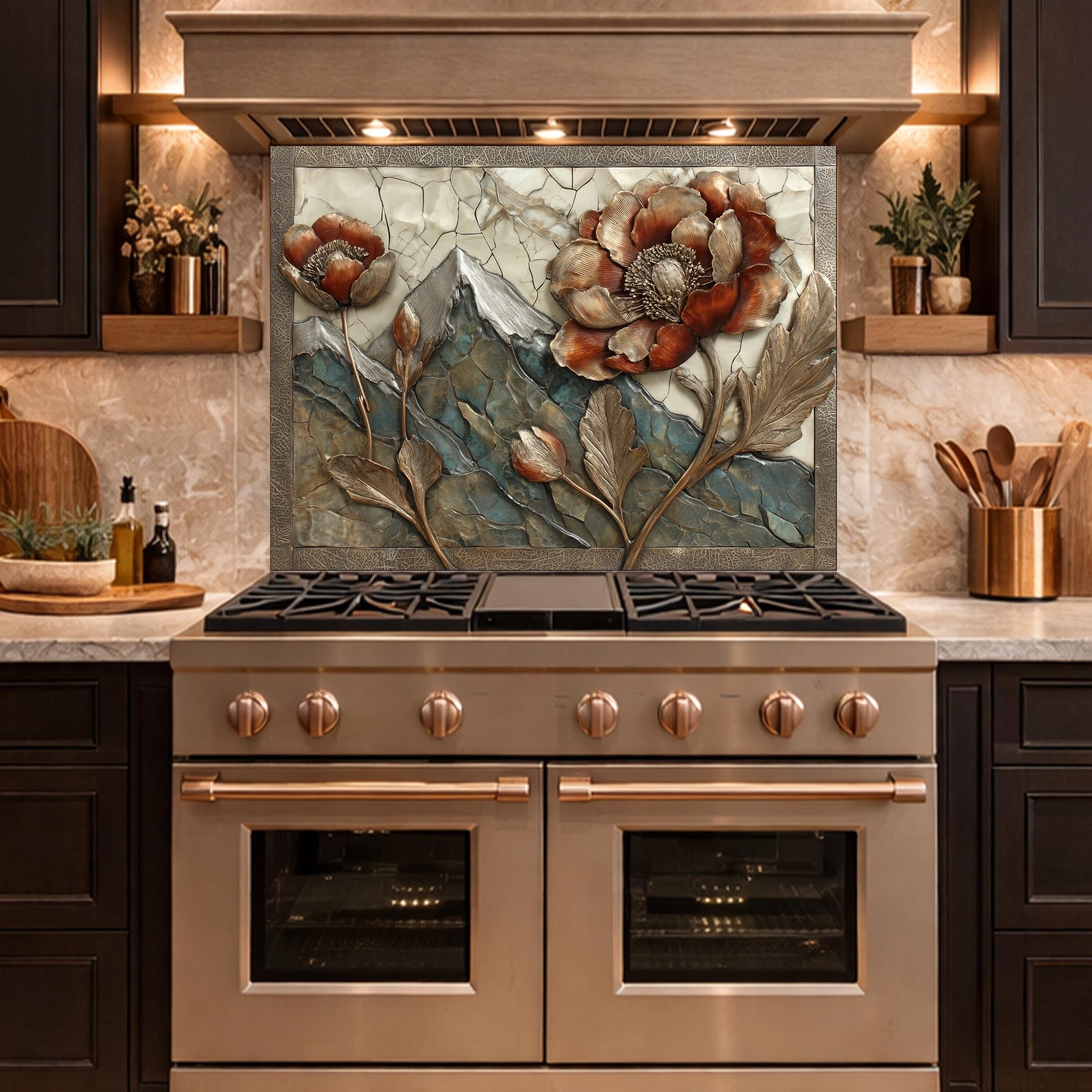 Alpine Peak Blossoms Backsplash, Copper Look Mountain and Flower Wall Panel, Custom Size