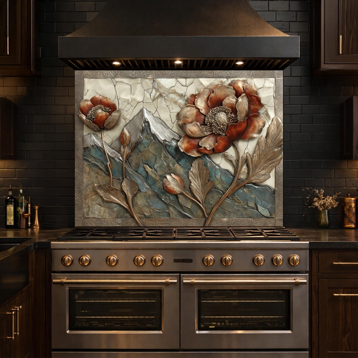 Alpine Peak Blossoms Backsplash, Copper Look Mountain and Flower Wall Panel, Custom Size