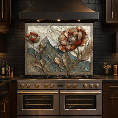Alpine Peak Blossoms Backsplash, Copper Look Mountain and Flower Wall Panel, Custom Size