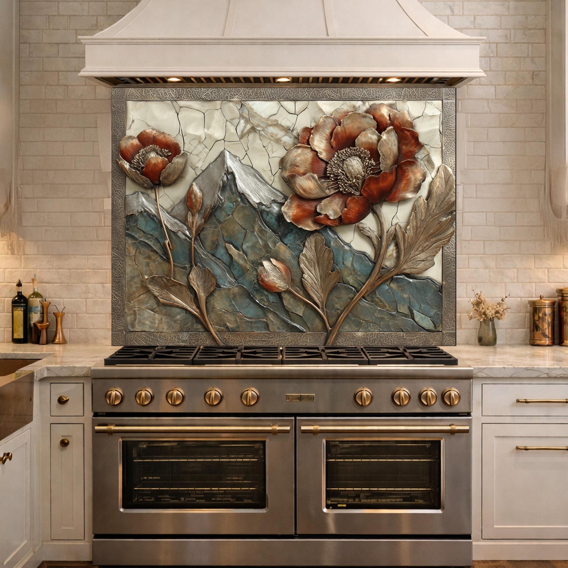 Alpine Peak Blossoms Backsplash, Copper Look Mountain and Flower Wall Panel, Custom Size