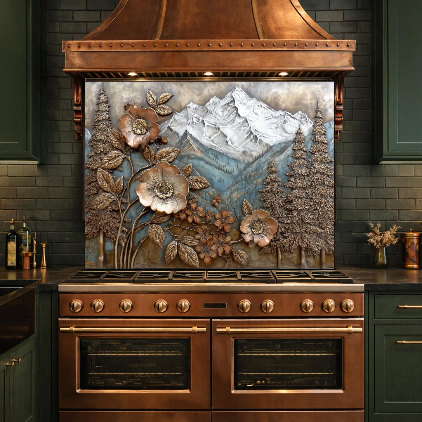 Alpine Peak Forest Backsplash, Copper Look Mountain and Flower Wall Panel, Custom Size