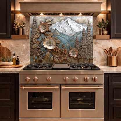 Alpine Peak Forest Backsplash, Copper Look Mountain and Flower Wall Panel, Custom Size