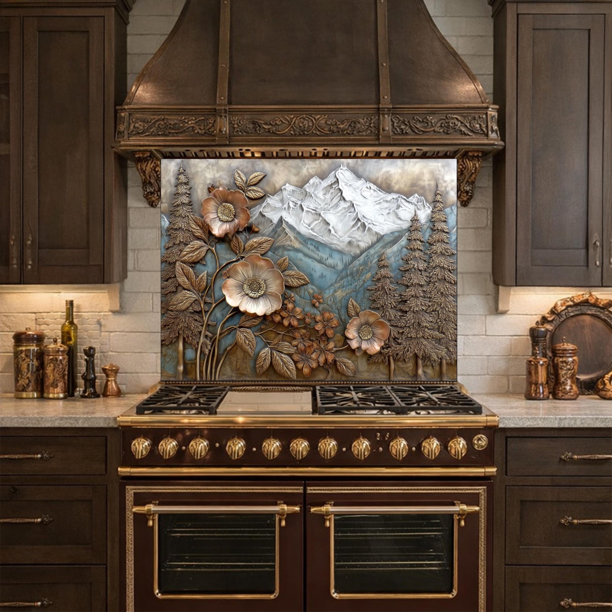 Alpine Peak Forest Backsplash, Copper Look Mountain and Flower Wall Panel, Custom Size
