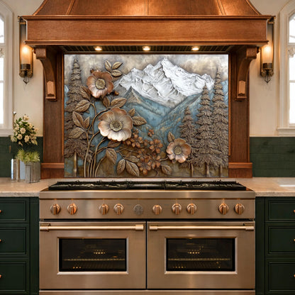 Alpine Peak Forest Backsplash, Copper Look Mountain and Flower Wall Panel, Custom Size