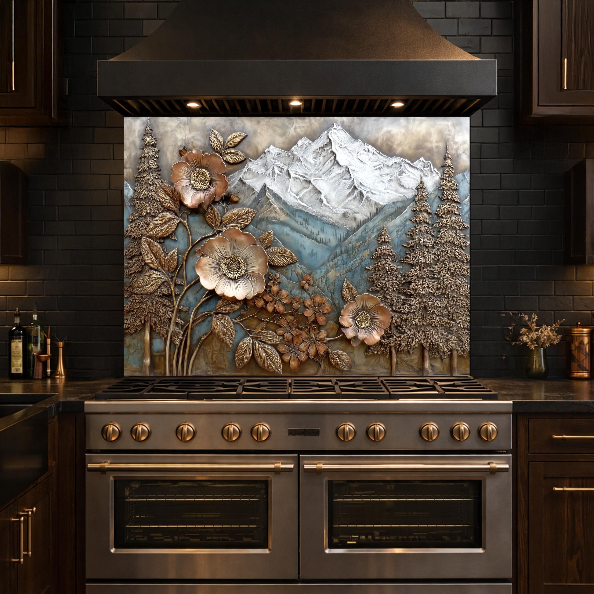 Alpine Peak Forest Backsplash, Copper Look Mountain and Flower Wall Panel, Custom Size