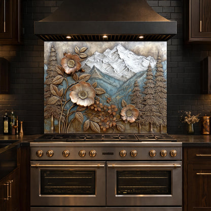 Alpine Peak Forest Backsplash, Copper Look Mountain and Flower Wall Panel, Custom Size