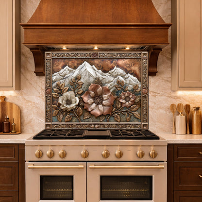 Alpine Peak Blossoms Backsplash, Copper Look Mountain and Flower Wall Panel, Custom Size