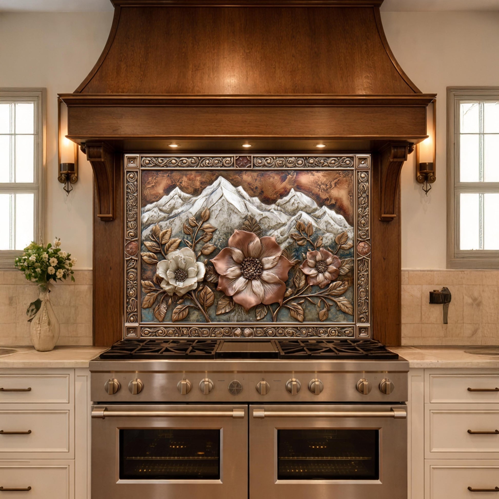 Alpine Peak Blossoms Backsplash, Copper Look Mountain and Flower Wall Panel, Custom Size