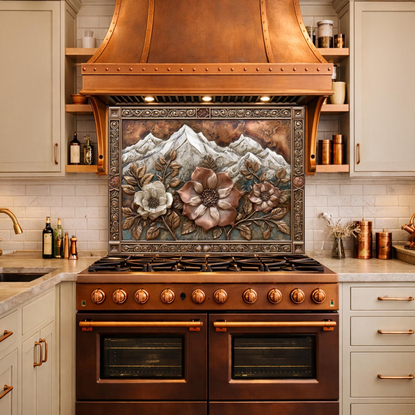 Alpine Peak Blossoms Backsplash, Copper Look Mountain and Flower Wall Panel, Custom Size
