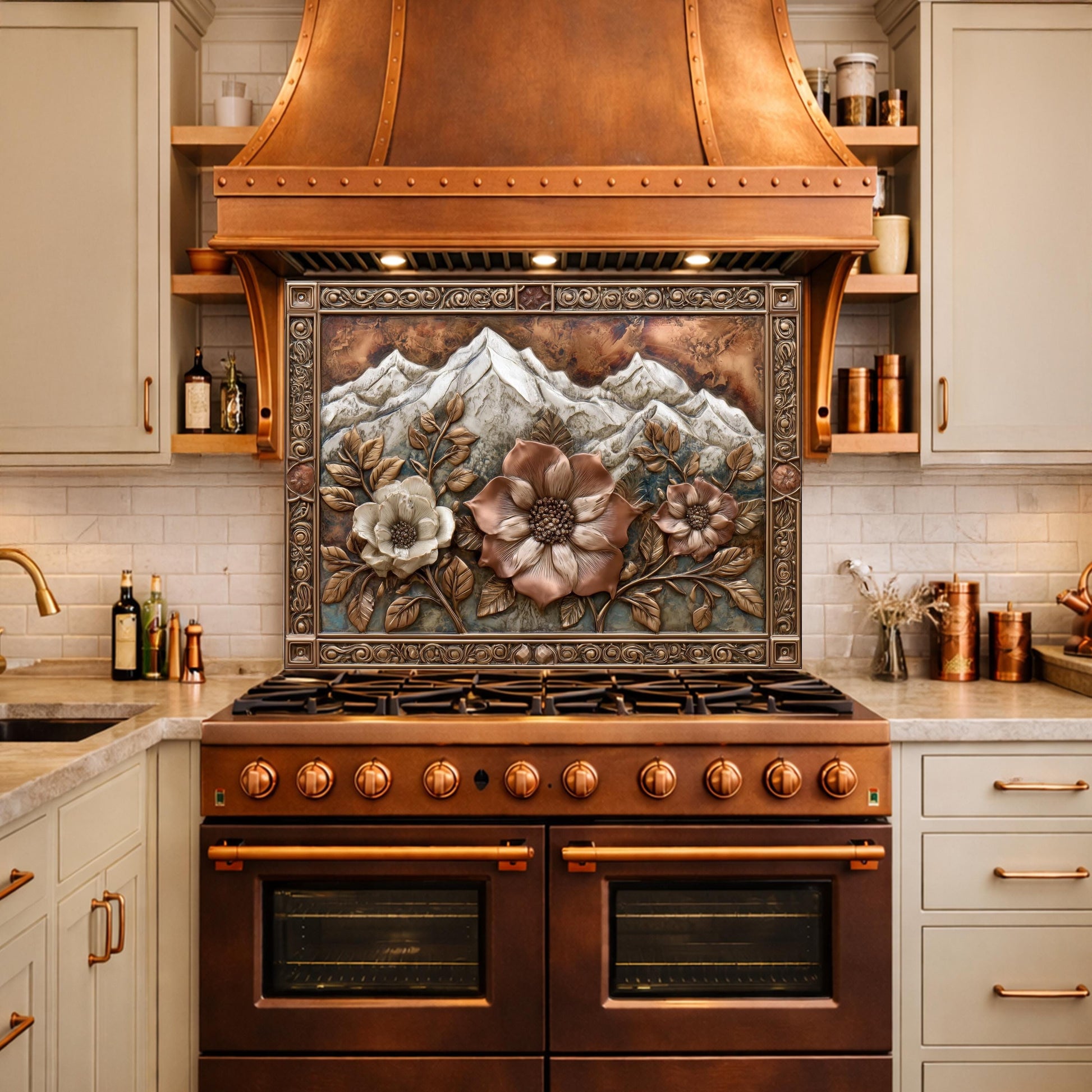 Alpine Peak Blossoms Backsplash, Copper Look Mountain and Flower Wall Panel, Custom Size