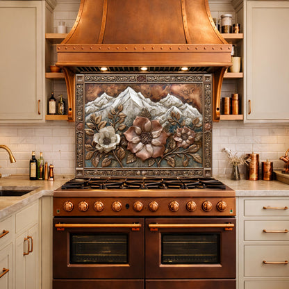 Alpine Peak Blossoms Backsplash, Copper Look Mountain and Flower Wall Panel, Custom Size