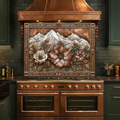 Alpine Peak Blossoms Backsplash, Copper Look Mountain and Flower Wall Panel, Custom Size