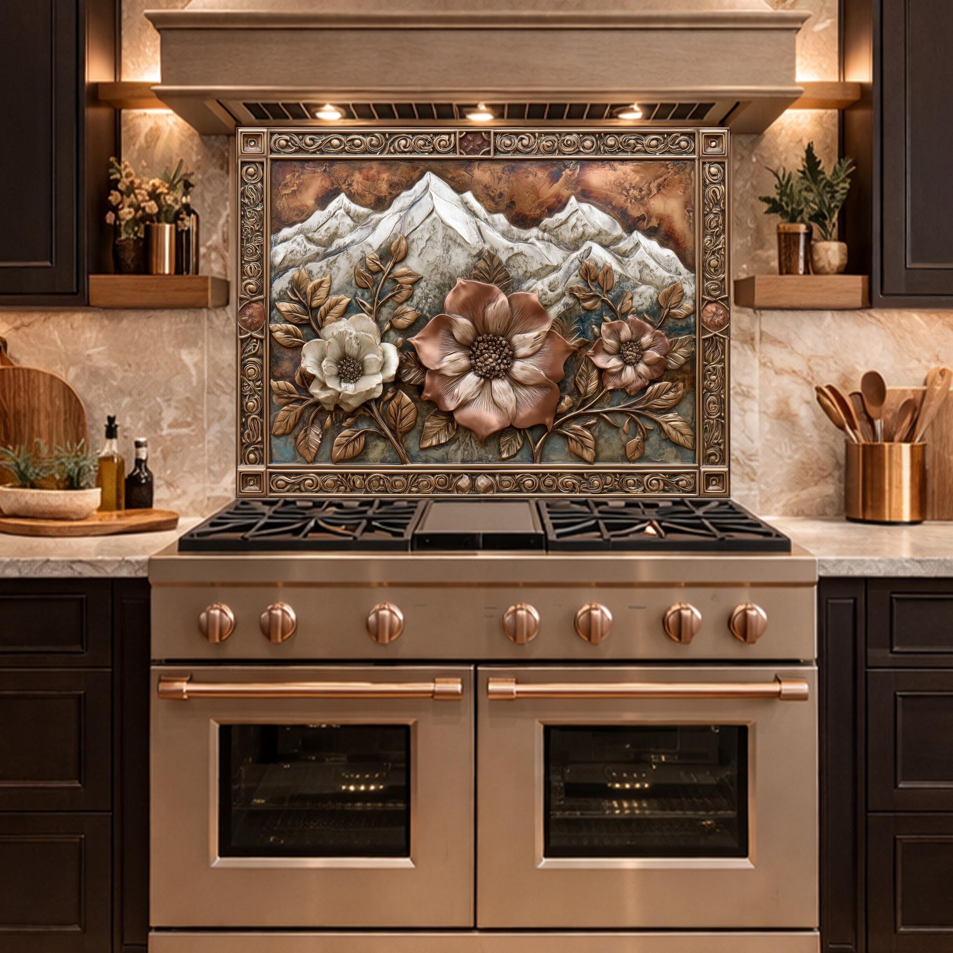 Alpine Peak Blossoms Backsplash, Copper Look Mountain and Flower Wall Panel, Custom Size