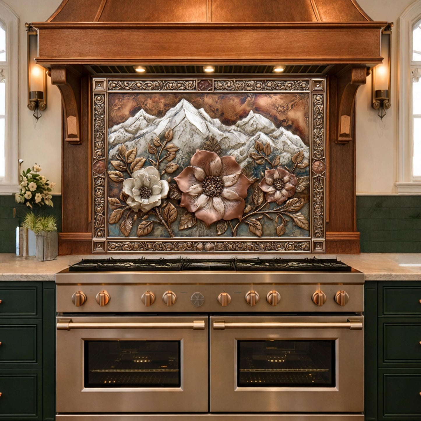 Alpine Peak Blossoms Backsplash, Copper Look Mountain and Flower Wall Panel, Custom Size