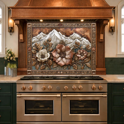 Alpine Peak Blossoms Backsplash, Copper Look Mountain and Flower Wall Panel, Custom Size