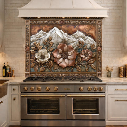 Alpine Peak Blossoms Backsplash, Copper Look Mountain and Flower Wall Panel, Custom Size