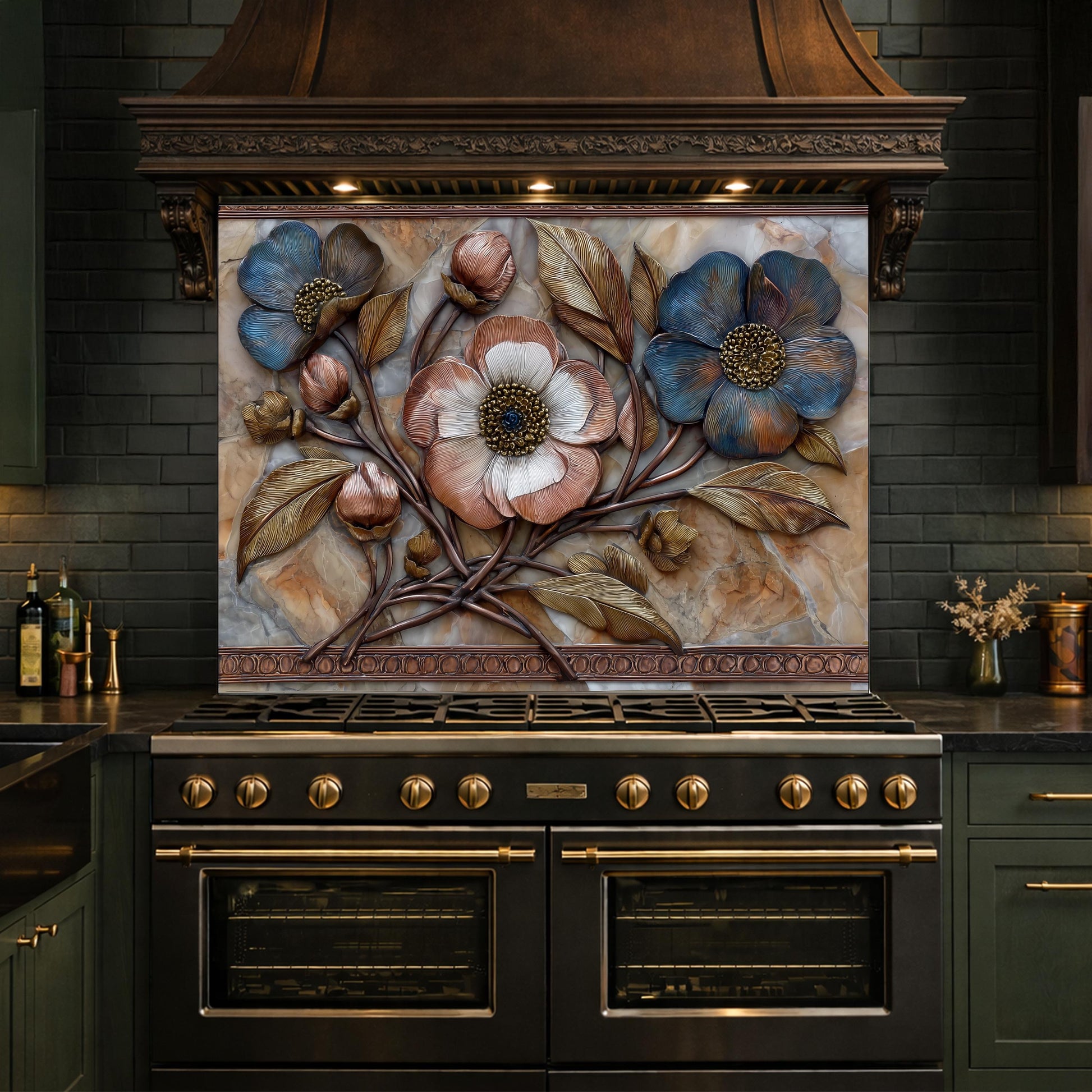 Blue and Copper Floral Backsplash, Metallic Blossom Glass Wall Panel, Marble Texture Decor
