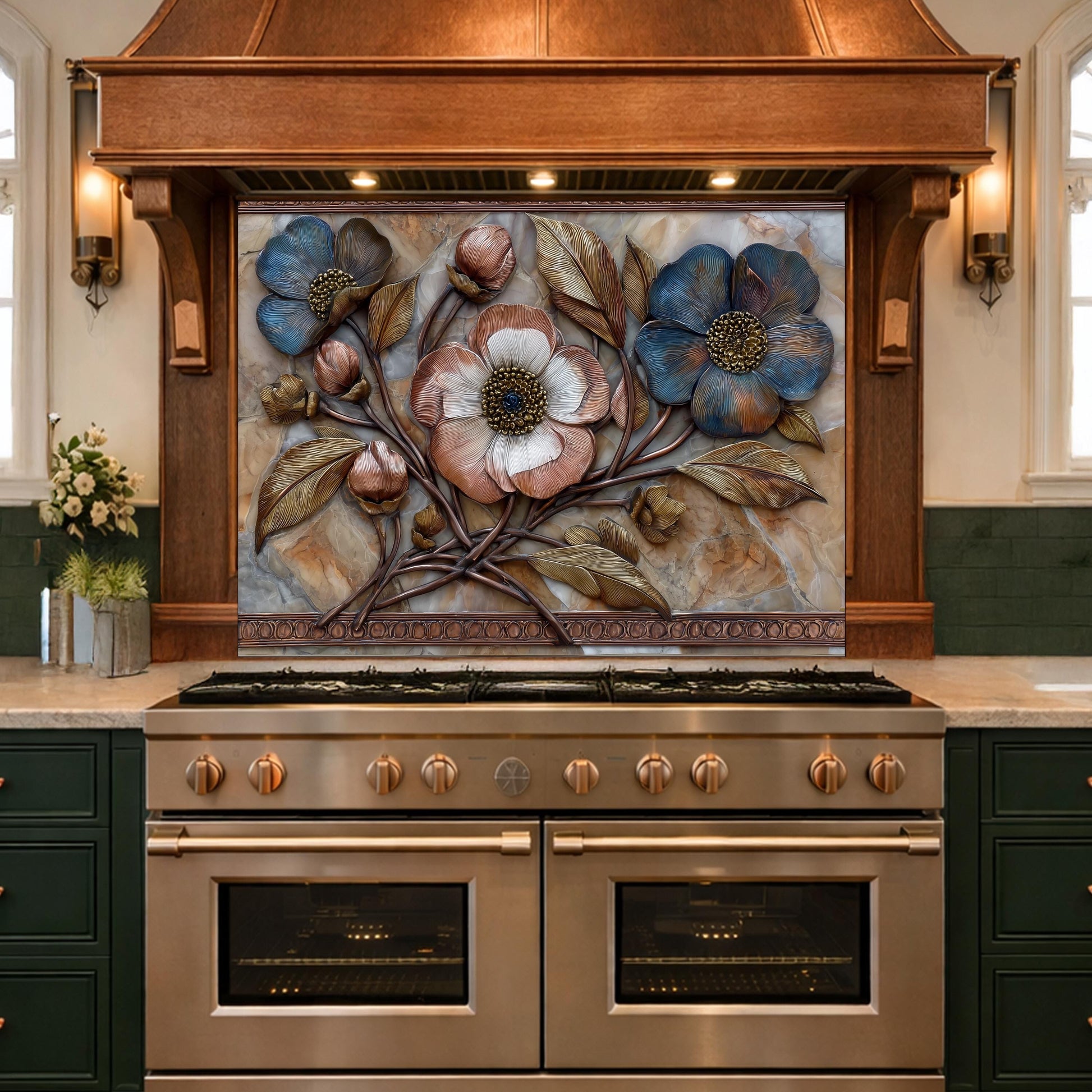 Blue and Copper Floral Backsplash, Metallic Blossom Glass Wall Panel, Marble Texture Decor