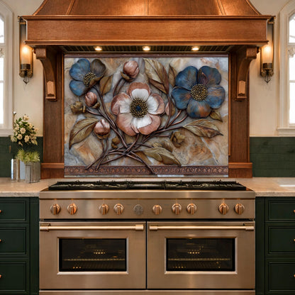 Blue and Copper Floral Backsplash, Metallic Blossom Glass Wall Panel, Marble Texture Decor