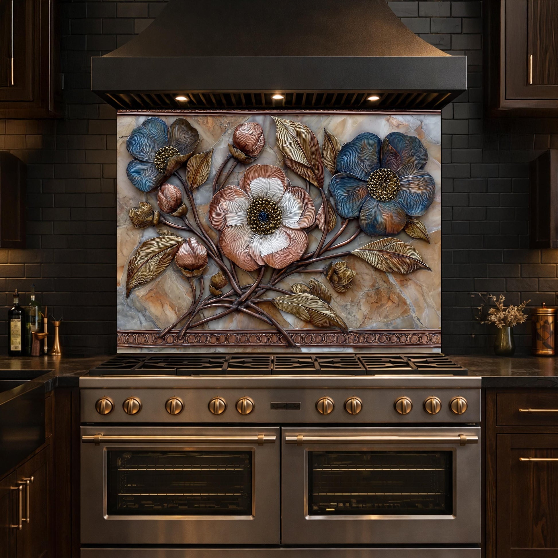 Blue and Copper Floral Backsplash, Metallic Blossom Glass Wall Panel, Marble Texture Decor