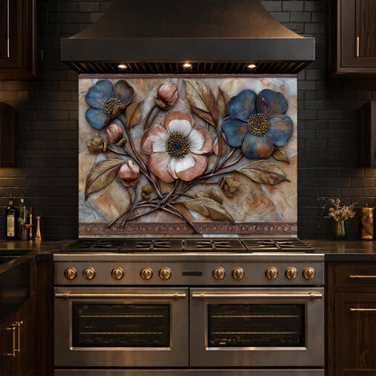 Blue and Copper Floral Backsplash, Metallic Blossom Glass Wall Panel, Marble Texture Decor
