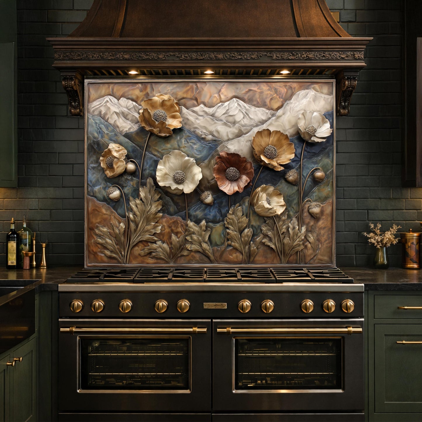 Alpine Poppies Tempered Glass Backsplash, Copper Look Mountain and Flower Wall Panel, Custom Size