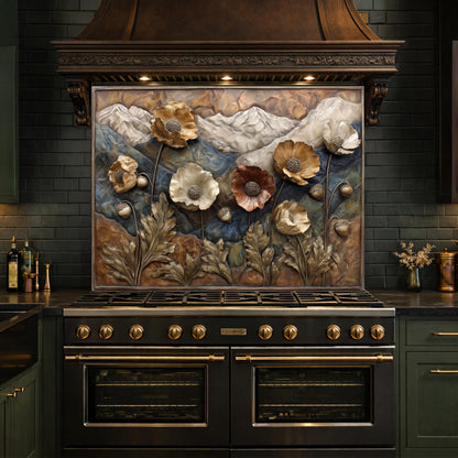Alpine Poppies Tempered Glass Backsplash, Copper Look Mountain and Flower Wall Panel, Custom Size