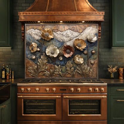 Alpine Poppies Tempered Glass Backsplash, Copper Look Mountain and Flower Wall Panel, Custom Size